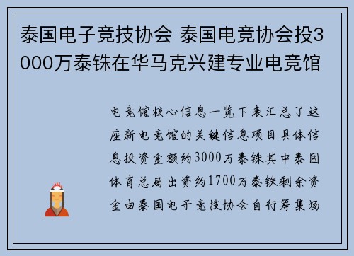 泰国电子竞技协会 泰国电竞协会投3000万泰铢在华马克兴建专业电竞馆